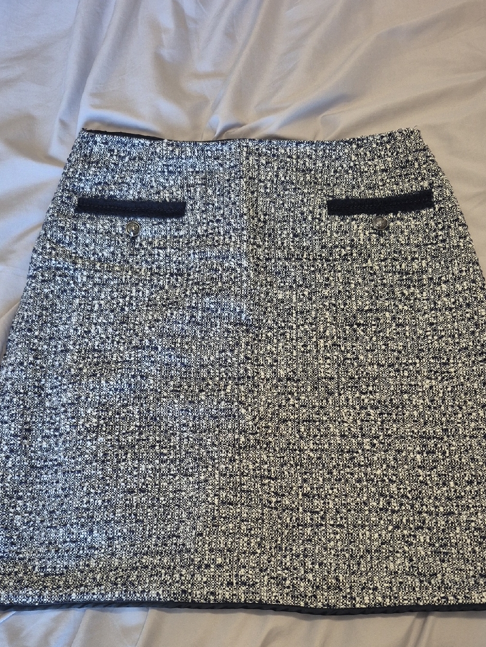 L.K.Bennett London Navy Blue and White Tweed Fringe Lined Skirt Size 14 US